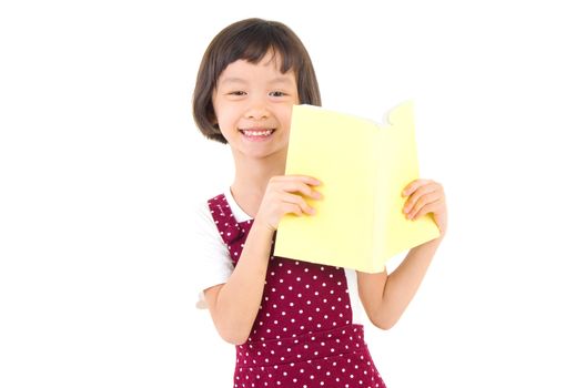 Happy little schoolgirl with books isolated on white background