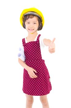 Little Engineer, Little girl wearing the  construction helmet,holding a contruction drawing, isolated over white background.