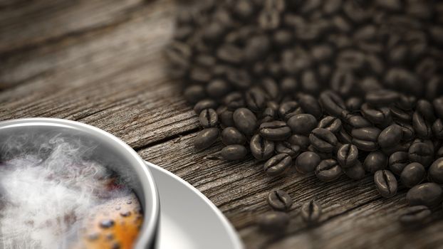 Closeup cup of coffee with smoke and coffee beans on an old wooden table. 3D Rendering.