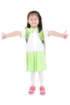 Cheerful asian primary student raised her thumbs up