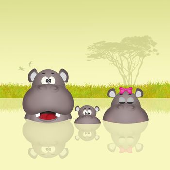 illustration of hippos family in the water