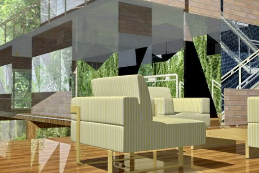 Modern living room with sofa and furniture 3D Rendering