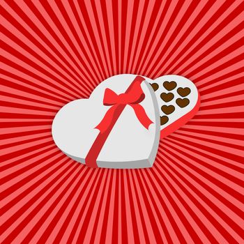 ILLUSTRATION OF HEART SHAPED CHOCOLATE BOX AND CHOCOLATES WITH RED RIBBON