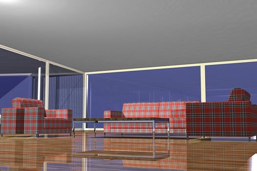 Modern living room with sofa and furniture 3D Rendering