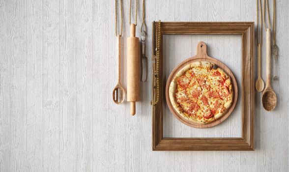 Hot pizza slice with melting cheese with frame concept close up photo