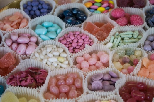 Many bonbons exposed in a confectionery shop