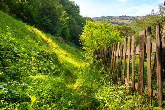 wooden stick fence in vilage in mountains with blue sky, green grass and path in good weather time