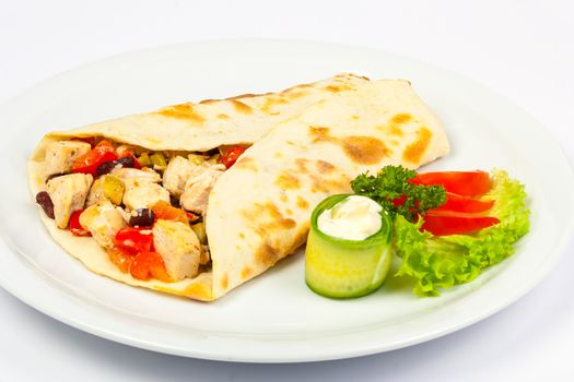  burrito with beans and chicken with fresh  cucumber and tomato