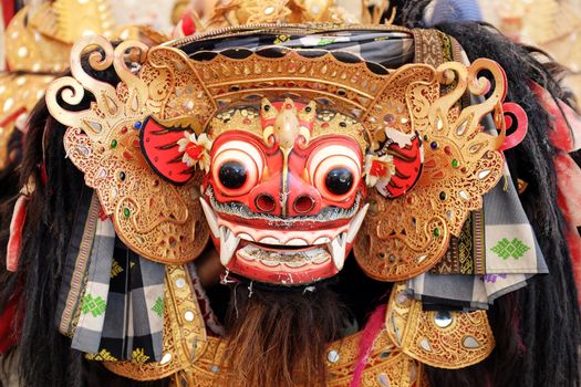 Frontal view of Barong, lion-like creature character in the mythology of Bali, Indonesia