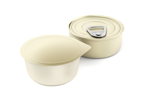 Two different type of tin cans for pate, cheese, butter or other food