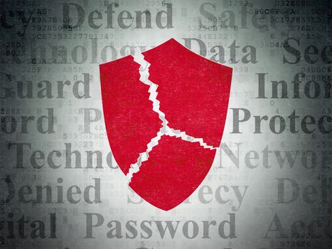 Protection concept: Painted red Broken Shield icon on Digital Data Paper background with  Tag Cloud