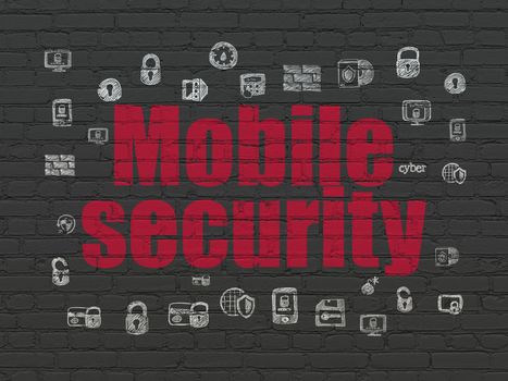 Safety concept: Painted red text Mobile Security on Black Brick wall background with  Hand Drawn Security Icons