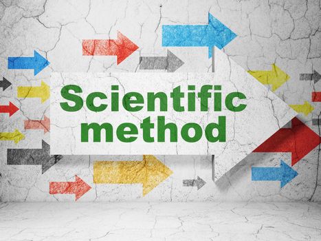 Science concept:  arrow with Scientific Method on grunge textured concrete wall background, 3D rendering