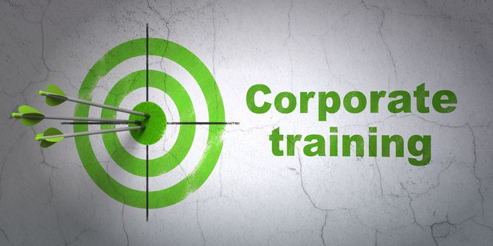 Success Studying concept: arrows hitting the center of target, Green Corporate Training on wall background, 3D rendering