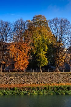 autumn trees near the river on the stone strengthening