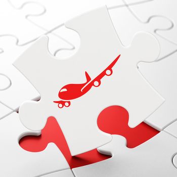 Vacation concept: Airplane on White puzzle pieces background, 3D rendering