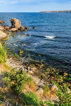 sea ​​coast with rocks and bushes. view of the sea and of the island with buildings.