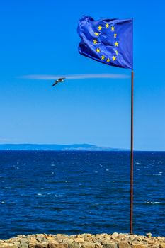 waving European flag is set on a stone strengthening, next to the sea shore. seagulls flying around the flag. can be seen borders of the island in the sea near the horizon.