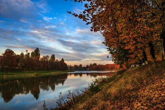 embankment of the old city in the early autumn morning