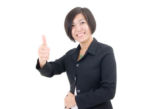 An Asian businesswoman giving thumb up sign on white background