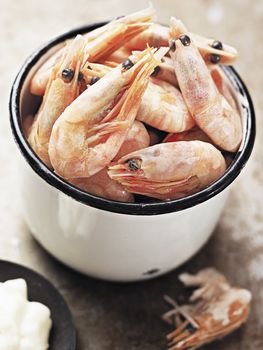 close up of rustic english pub grub pint of prawns