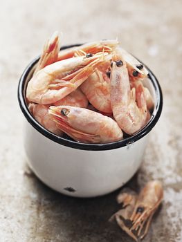 close up of rustic english pub grub pint of prawns