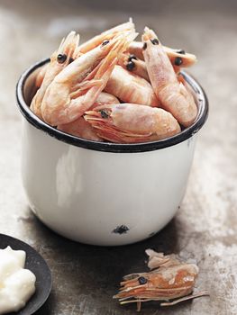 close up of rustic english pub grub pint of prawns