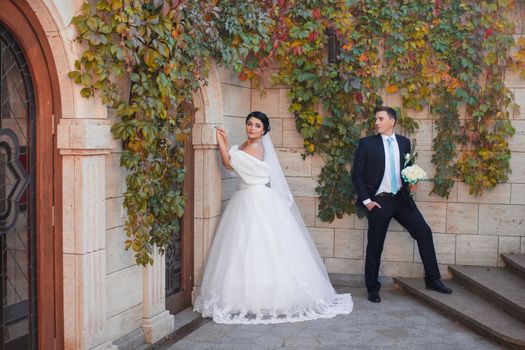 Stylish newlyweds posing on a photo shoot against the backdrop of a brick wall