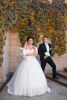 Stylish newlyweds posing on a photo shoot against the backdrop of a brick wall