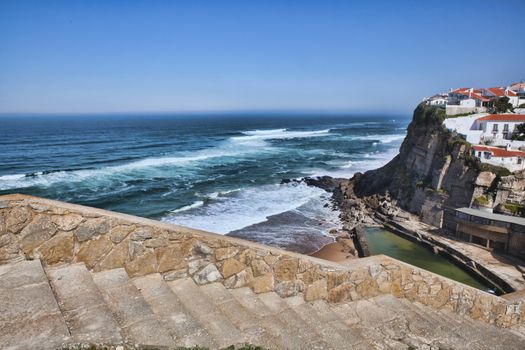 Azenhas Do Mar . Landmark On The Cliff And Atlantic Ocean, Sintra