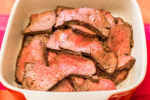 Close up raw chunks of meat in the red pan