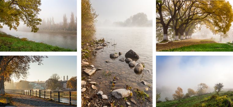 autumn landscape of embankment  with yellow trees in the fog