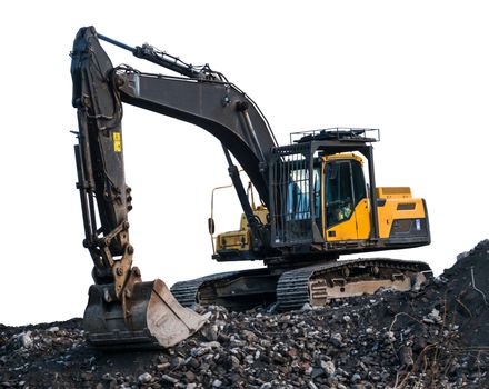 Isolated Grungy Old Digger Or Excavator On Top Of A Pile Of Rubble