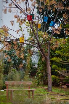 Many colorful bird houses on the tree