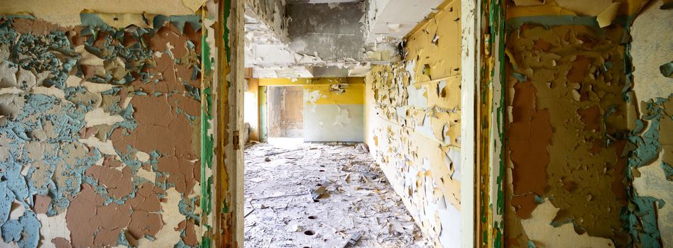 wide angle view of an old wall abandoned factory building