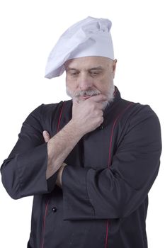 Bearded senior man cook on white background