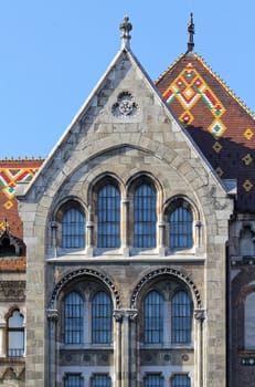 Budapest, Hungary, National Archives neoromanesque facade.