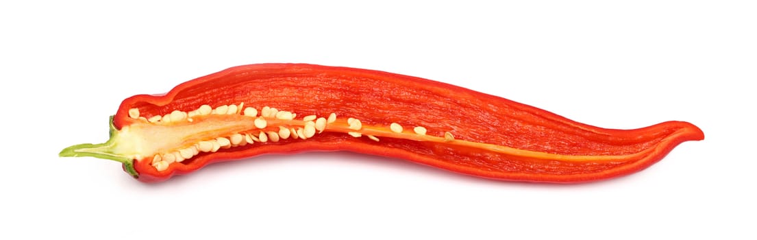 One cut half of fresh red hot chili pepper isolated on white background, close up, high angle view
