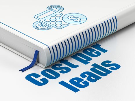 Business concept: closed book with Blue Calculator icon and text Cost Per Leads on floor, white background, 3D rendering