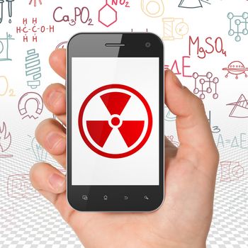 Science concept: Hand Holding Smartphone with  red Radiation icon on display,  Hand Drawn Science Icons background, 3D rendering