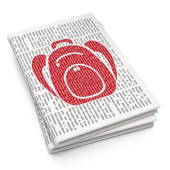 Learning concept: Pixelated red Backpack icon on Newspaper background, 3D rendering