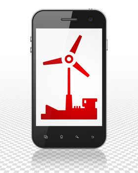 Industry concept: Smartphone with red Windmill icon on display, 3D rendering