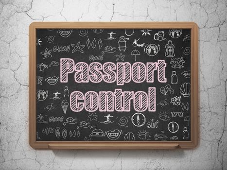 Tourism concept: Chalk Pink text Passport Control on School board background with  Hand Drawn Vacation Icons, 3D Rendering