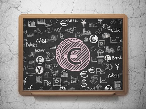 Money concept: Chalk Pink Euro Coin icon on School board background with  Hand Drawn Finance Icons, 3D Rendering