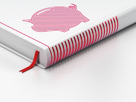 Currency concept: closed book with Red Money Box icon on floor, white background, 3D rendering