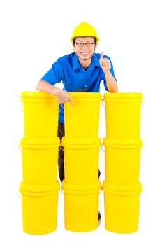 Lubricant oils and greases distributor with suit hardhat showing thumb-up, isolated on white background.