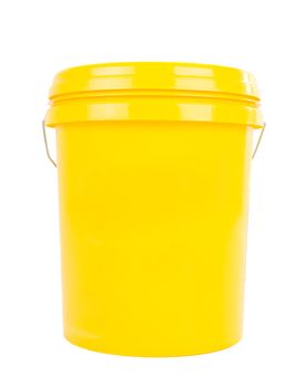 Yellow plastic bucket with yelllow lid. Product Packaging for lubricant, oil.Isolated over white background.