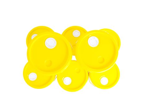Yellow plastic bucket with yelllow lid. Product Packaging for lubricant, oil.Isolated over white background.