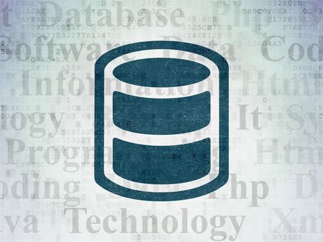 Database concept: Painted blue Database icon on Digital Data Paper background with  Tag Cloud
