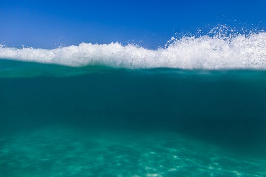 underwater sea with waterline seabed and wave